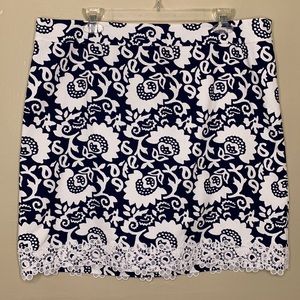 TALBOTS Petites Skirt Blue White Floral Lace Hem Pencil, 16P
